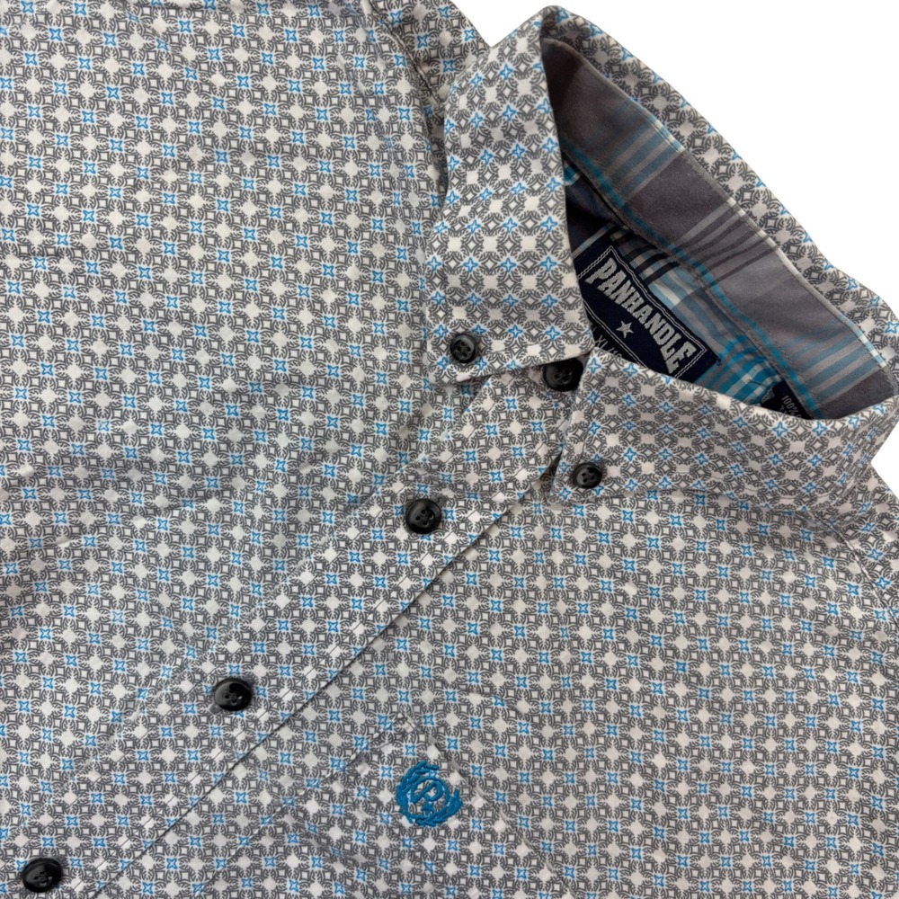 Panhandle Button Down Shirt Mens XL‎ Blue Grey Excellent Geometric Short Sleeve